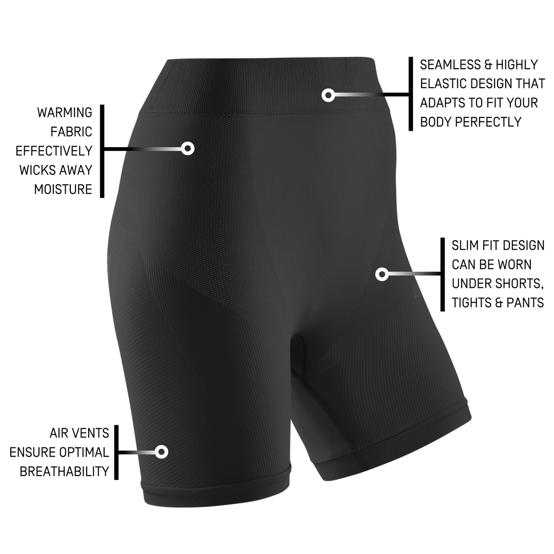 Shorts base para frio, feminino, preto, detalhes