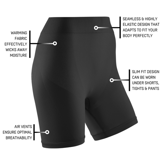 Shorts base para frio, feminino, preto, detalhes