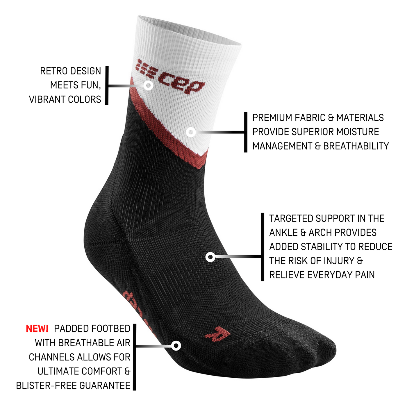 Chevron Mid Cut Compression Socks, Women, Black/Red, Details