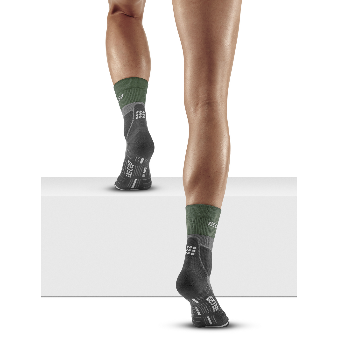Hiking Merino Mid Cut Compression Socks, Women, Green/Grey, Back View Model