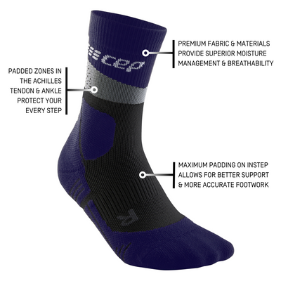 Hiking Max Cushion Mid Cut Compression Socks, Men, Grey/Purple, Details