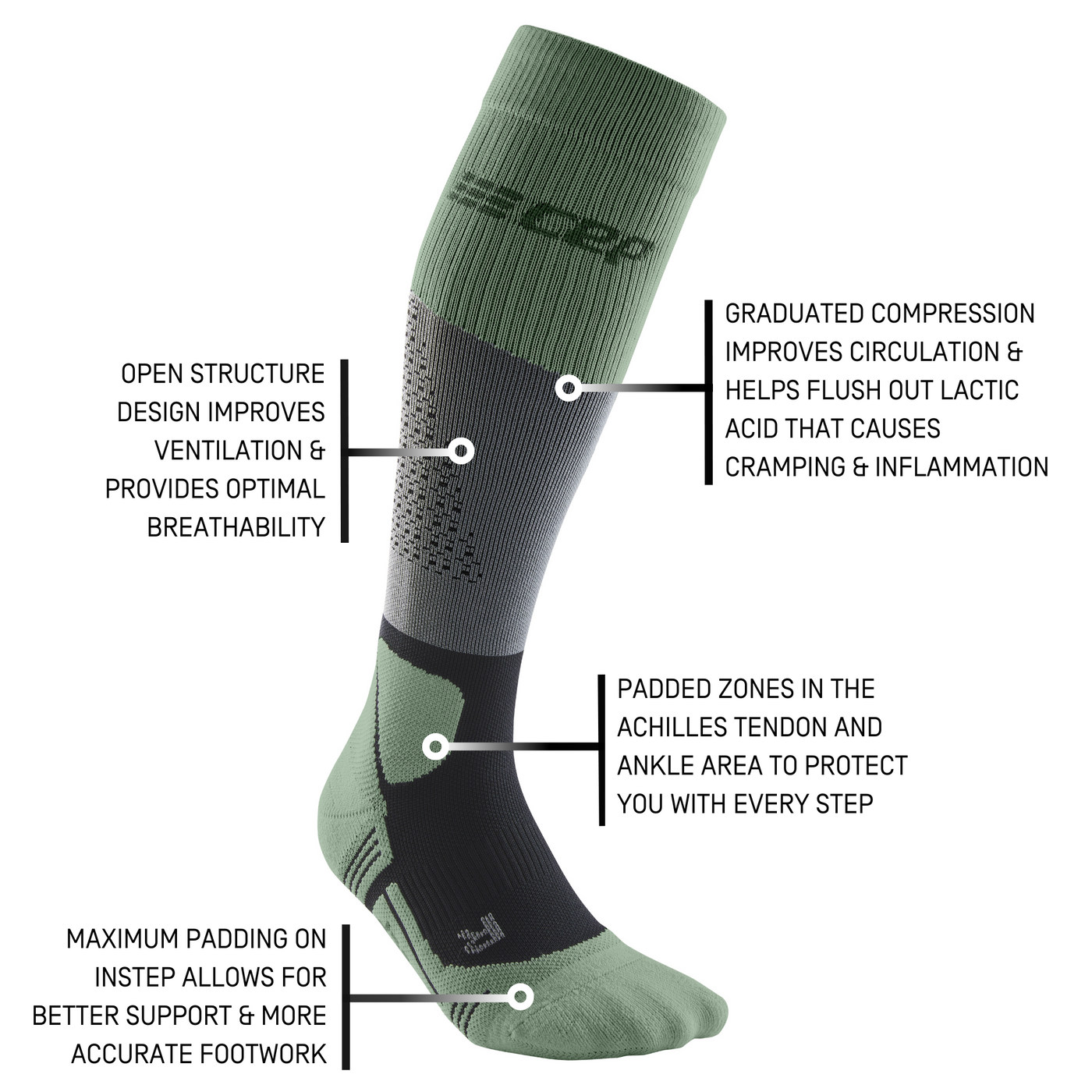 Hiking Max Cushion Tall Compression Socks, Women, Grey/Mint, Details