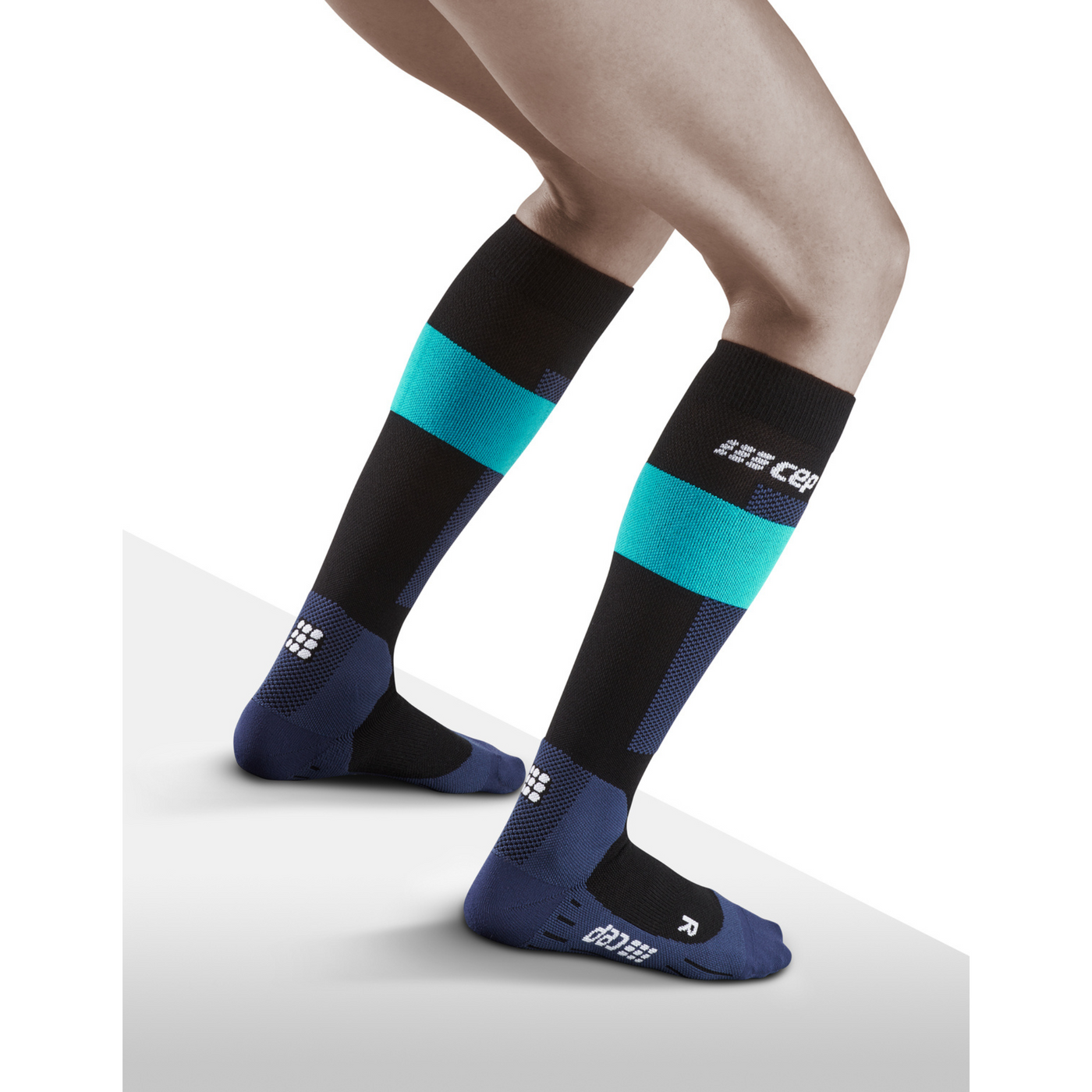 Ski Merino Tall Compression Socks, Women, Blue Merino, Back View Model