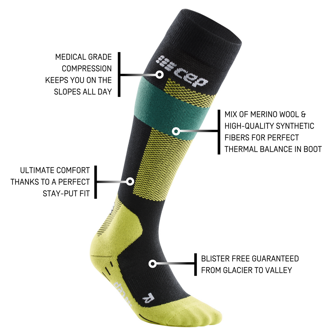 Ski Merino Tall Compression Socks, Women, Green Merino, Details