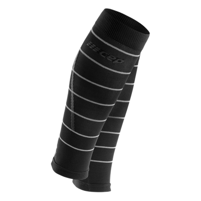 Reflective Compression Calf Sleeves, Women, Black/Silver, Front View
