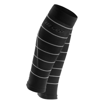 Reflective Compression Calf Sleeves, Women, Black/Silver, Front View