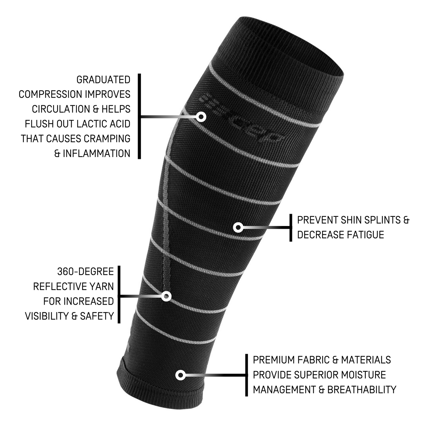 Reflective Compression Calf Sleeves, Women, Black/Silver, Detail