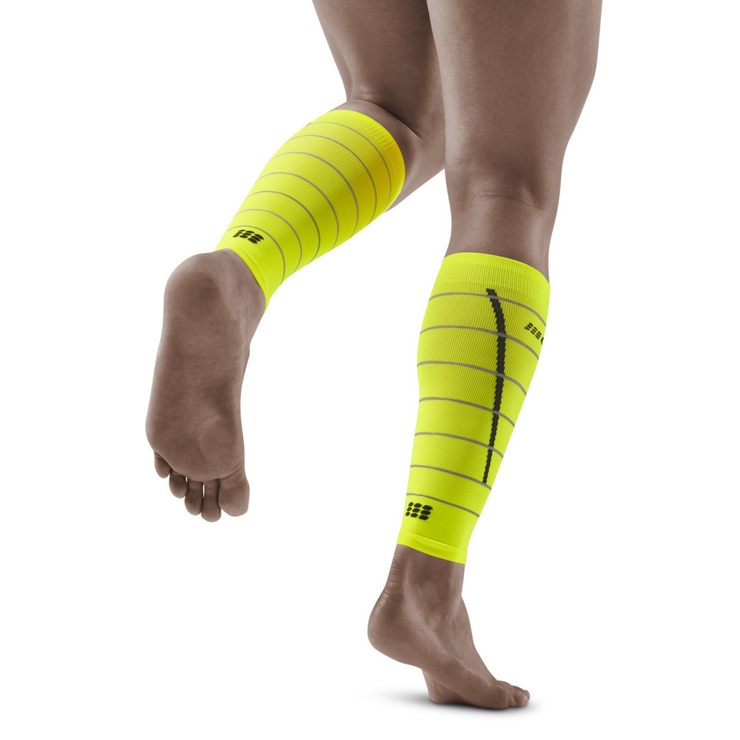 Reflective Compression Calf Sleeves, Men, Neon Yellow/Silver, Back View Model