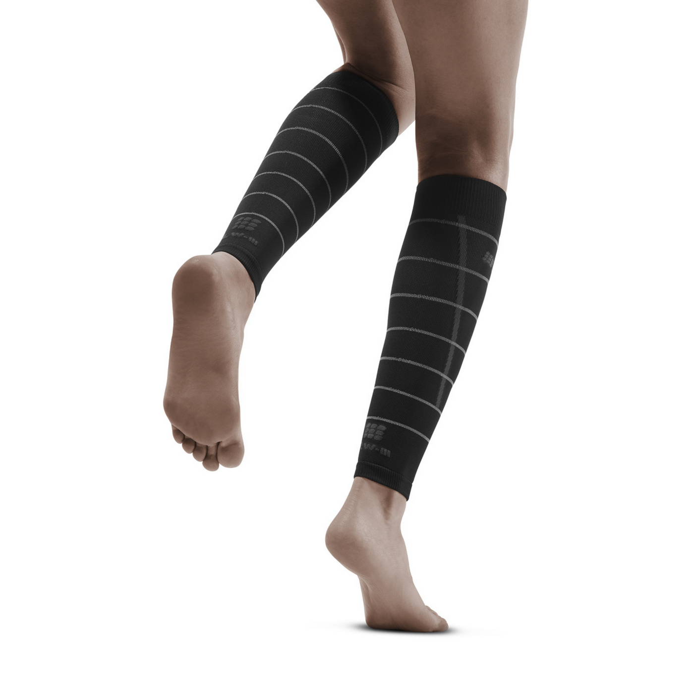 Reflective Compression Calf Sleeves, Women, Black/Silver, Back View Model