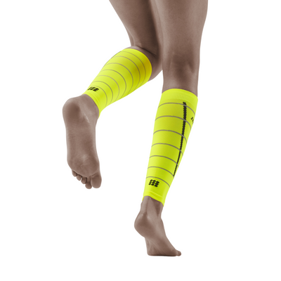 Reflective Compression Calf Sleeves, Women, Neon Yellow/Silver, Back View Model