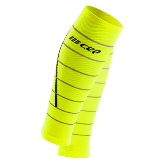 Reflective Compression Calf Sleeves, Men, Neon Yellow/Silver, Front View