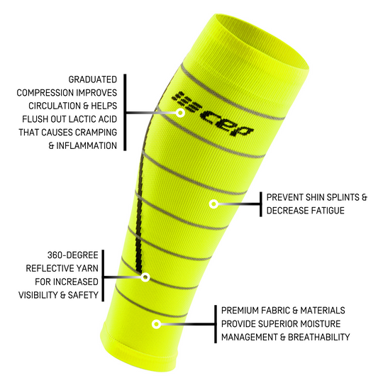 Reflective Compression Calf Sleeves, Women, Neon Yellow/Silver, Detail