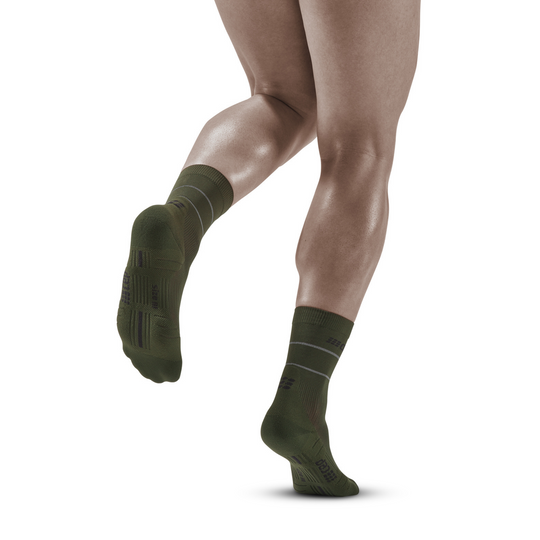 Reflective Mid Cut Compression Socks, Men, Dark Green/Silver, Back View Model