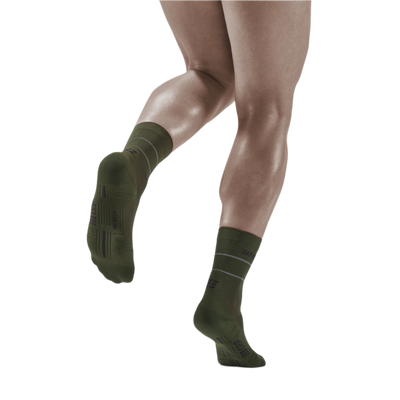 Reflective Mid Cut Compression Socks, Men, Dark Green/Silver, Back View Model