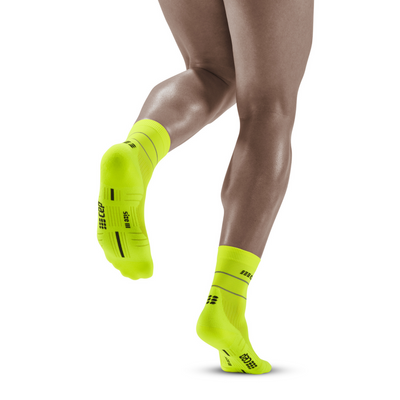 Reflective Mid Cut Compression Socks, Men, Neon Yellow/Silver, Back View Model