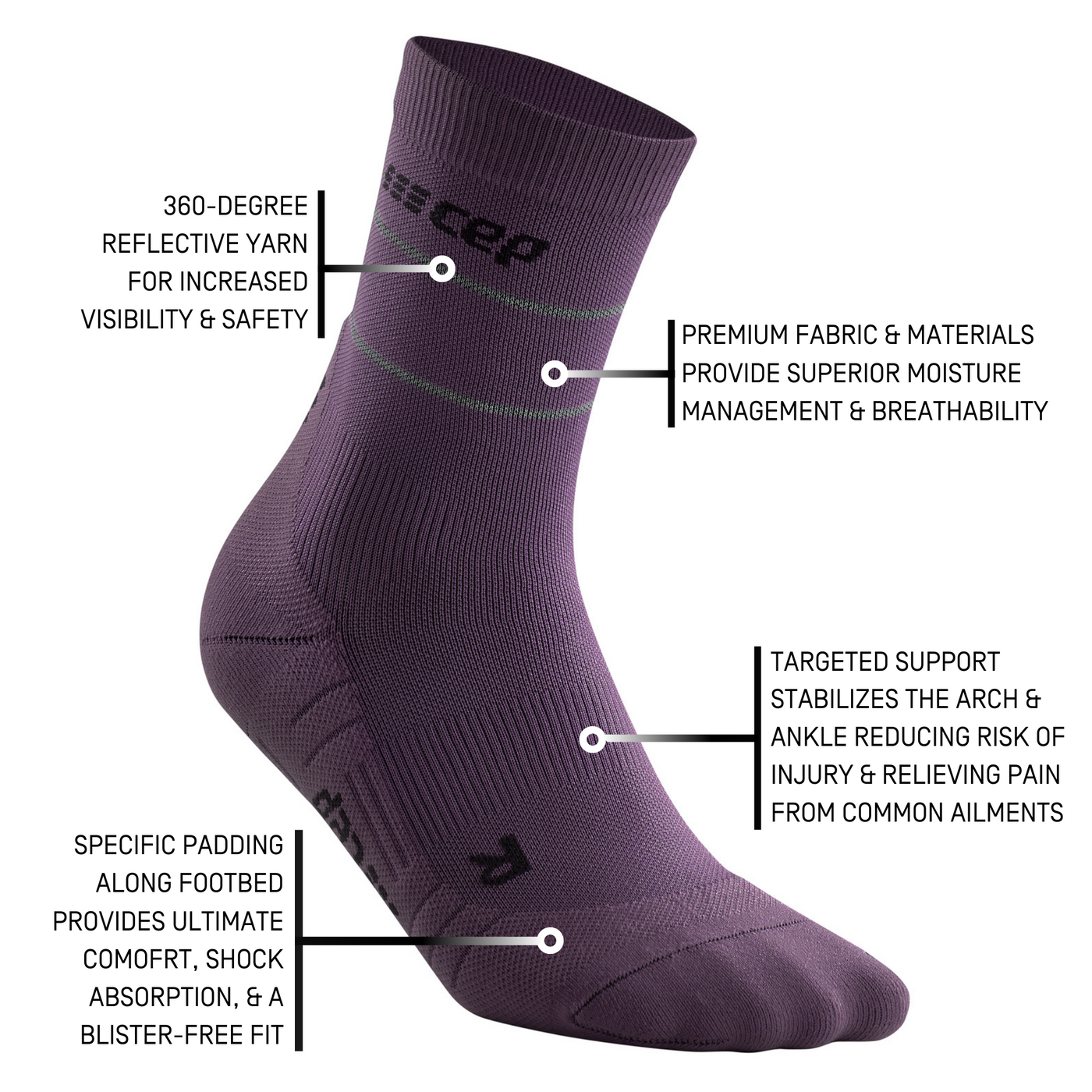 Reflective Mid Cut Compression Socks, Men, Purple/Silver, Detail