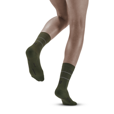 Reflective Mid Cut Compression Socks, Women, Dark Green/Silver, Back View Model