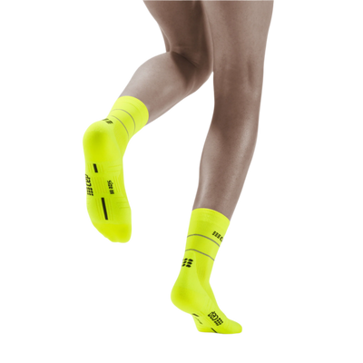 Reflective Mid Cut Compression Socks, Women, Neon Yellow/Silver, Back View Model