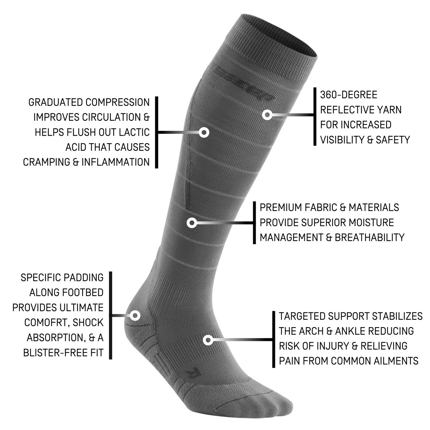 Reflective Tall Compression Socks, Men, Grey/Silver, Detail