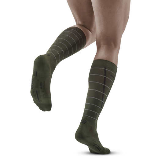 Ανακλαστικές ψηλές κάλτσες συμπίεσης, ανδρικές, σκούρο πράσινο/ασημί, μοντέλο πίσω όψης