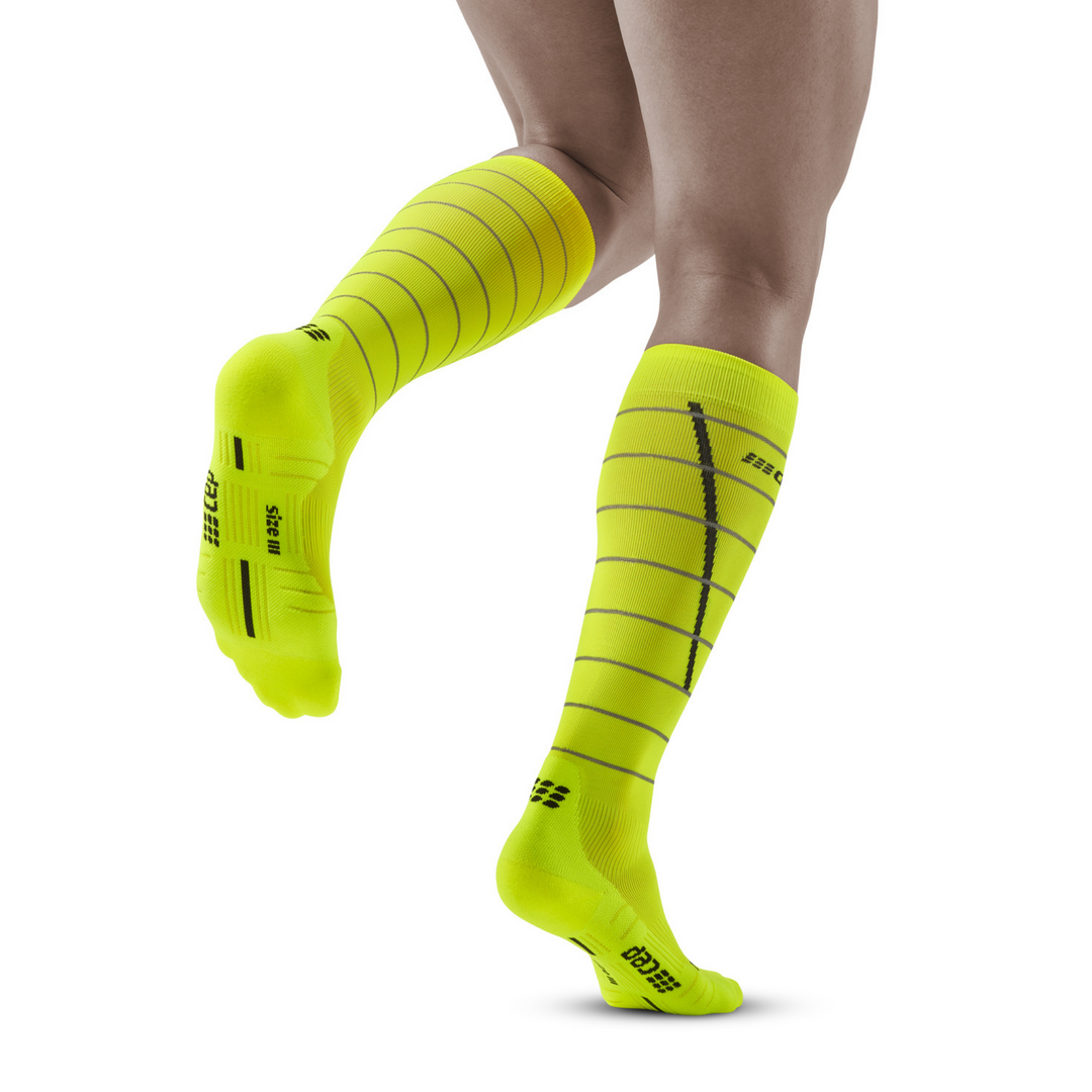 Ανακλαστικές Ψηλές Κάλτσες Συμπίεσης, Ανδρικές, Νέον Κίτρινο/Ασημί, Μοντέλο Πίσω Όψης