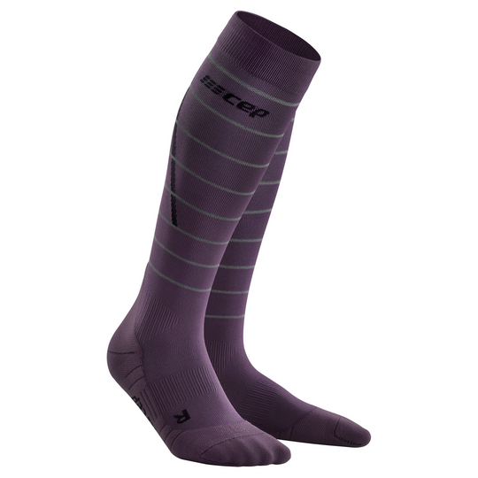 Reflective Tall Compression Socks, Women, Purple/Silver, Front View