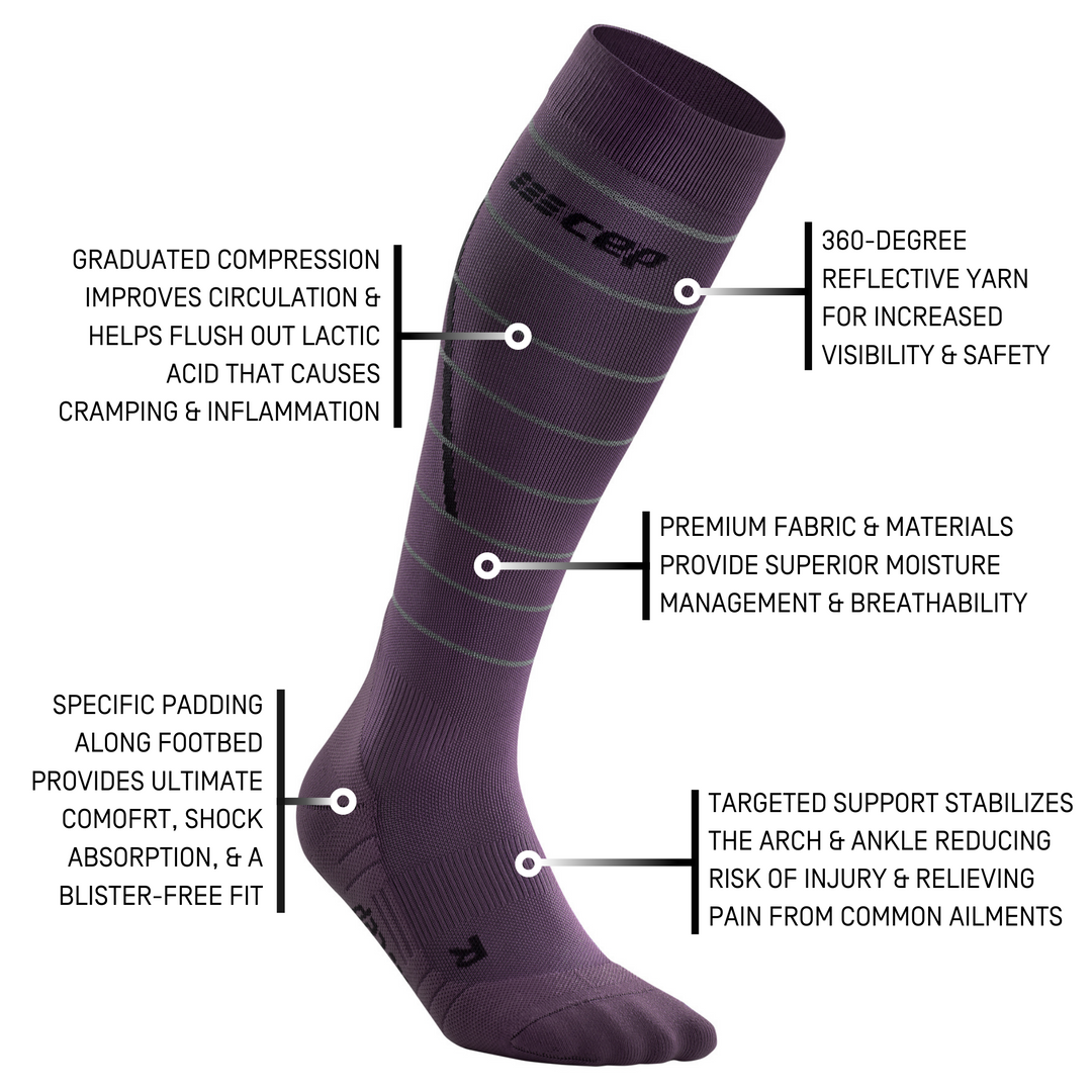 Calcetines de compresión altos reflectantes, mujer, violeta/plata, detalle