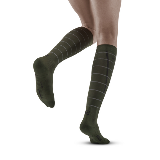 Ανακλαστικές Ψηλές Κάλτσες Συμπίεσης, Γυναικείες, Σκούρο Πράσινο/Ασημί, Μοντέλο Πίσω Όψης
