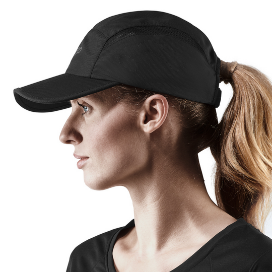 Run Cap, Black, Side View Model, Women
