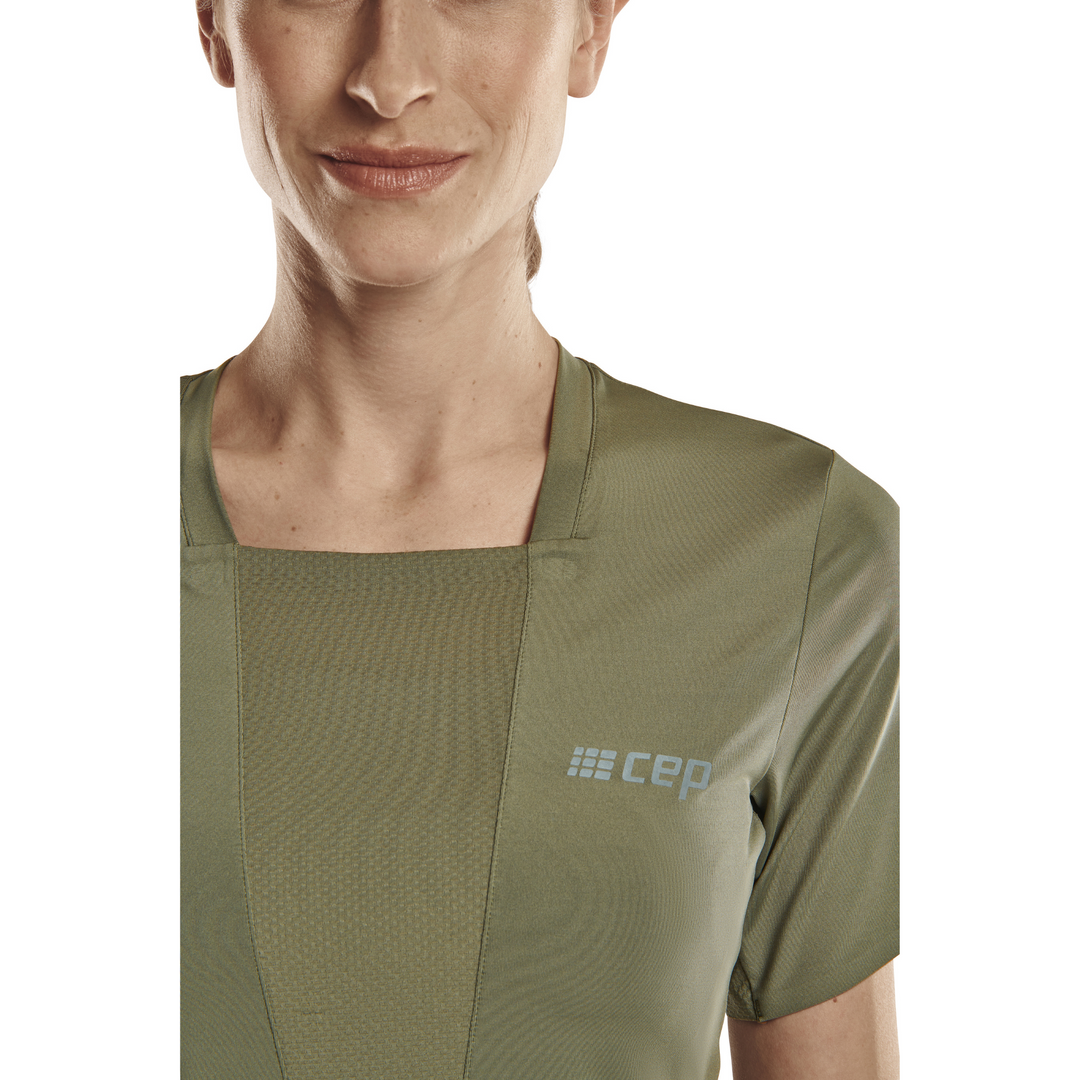 Camisa run manga curta 4.0, mulher, oliva, detalhe frontal