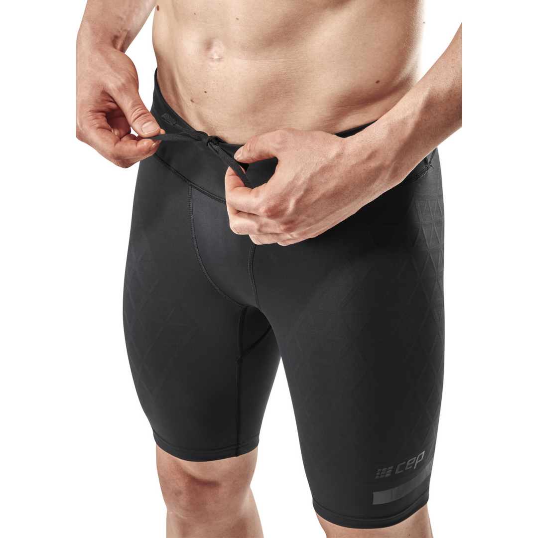 Shorts de suporte de corrida, masculino, preto, detalhe frontal