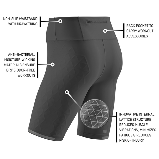 The run support shorts, hombres, negro, detalles