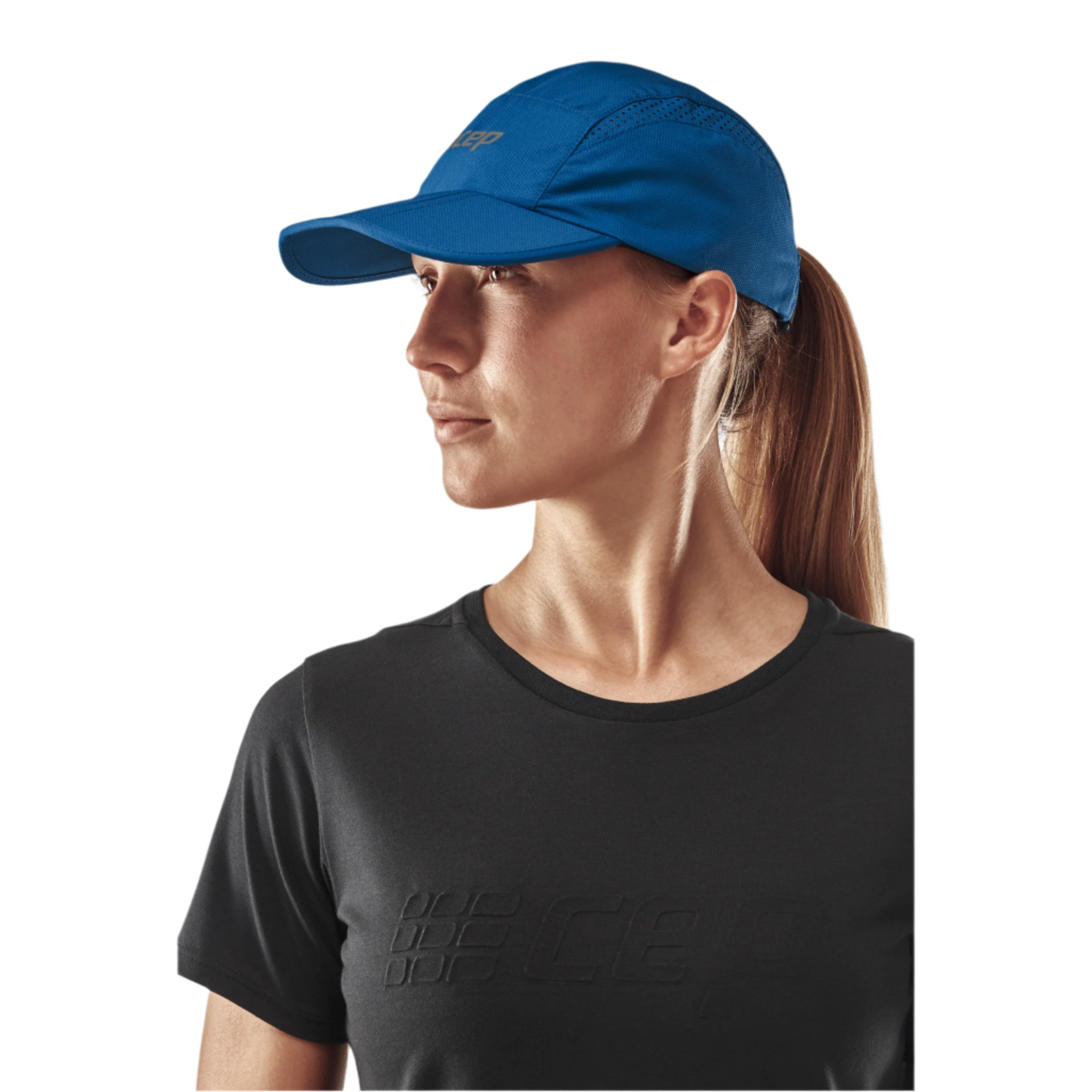 Run Cap, Blue, Side View Model, Women