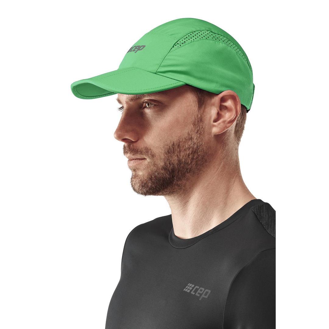 Boné run, verde, modelo vista lateral, homem