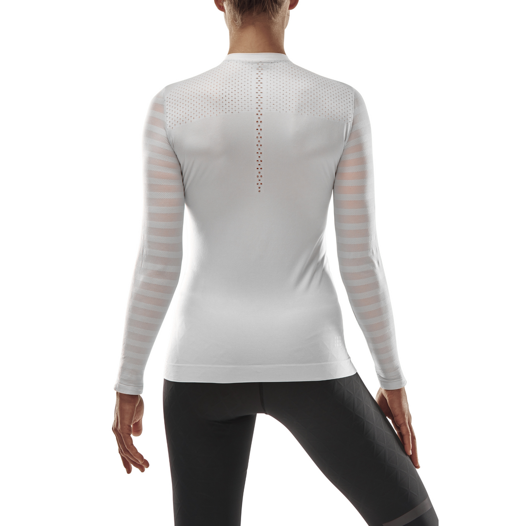 Camisa ultraleve de manga comprida, feminina, branca, modelo com vista traseira