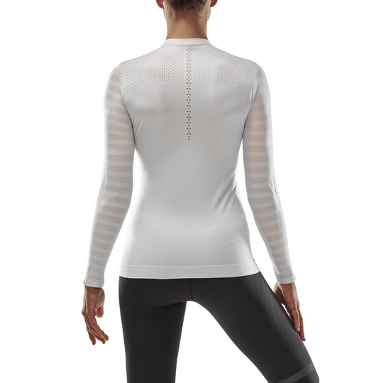 Camisa ultraligera de manga larga, mujer, blanco, modelo vista de espaldas