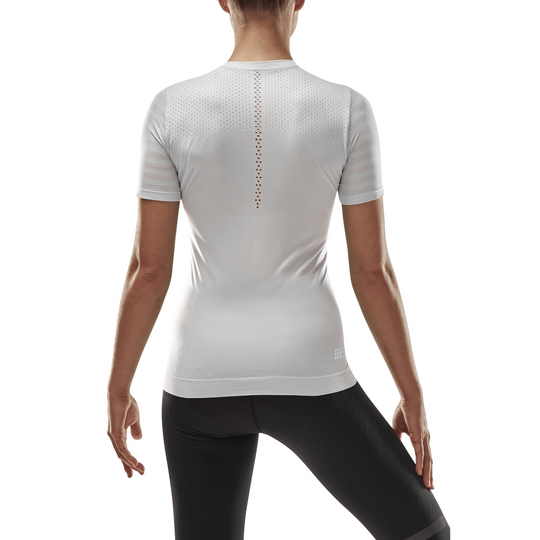 Camisa ultraligera de manga corta, mujer, blanco, modelo vista espalda